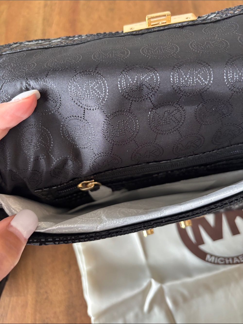 Michael Kors Black Snake-Embossed Shoulder Bag with Gold Chain - Picture 3 of 4